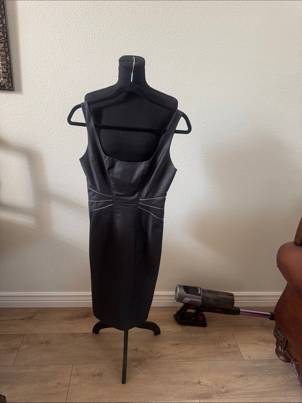 bebe Black Midi Sheath Dress with Subtle Waist Piping